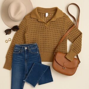 Joie Brown Eyelet Knit Collared Sweater Sz S